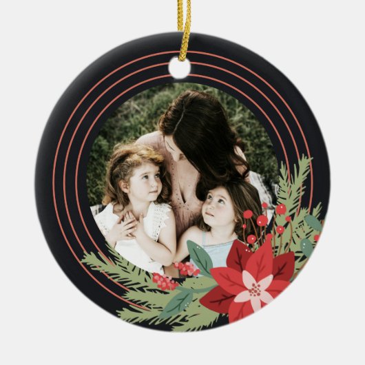 Red Black Circle Christmas Foto Poinsettia Floral Keramik Ornament (Vorne)