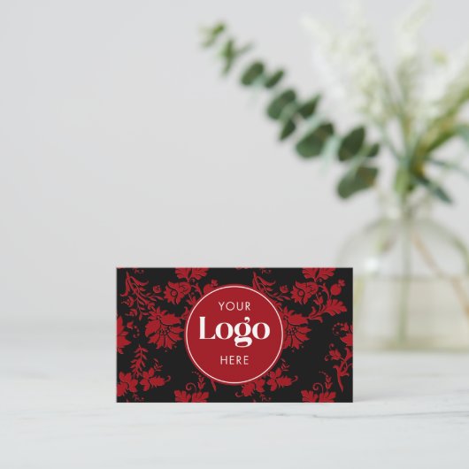 Red & Black Damask Custom Logo QR Code Template Visitenkarte (Stehend Vorderseite)