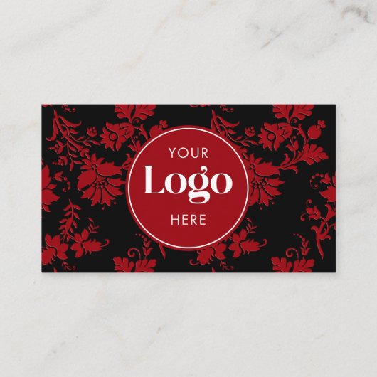 Red & Black Damask Custom Logo QR Code Template Visitenkarte (Vorderseite)