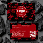 Red & Black Damask Custom Logo QR Code Template Visitenkarte