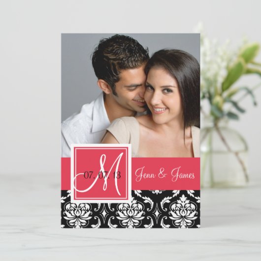 Red Black Damask Foto Save the Date (Stehend Vorderseite)