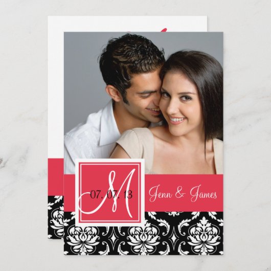 Red Black Damask Foto Save the Date (Vorne/Hinten)