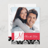 Red Black Damask Foto Save the Date Ankündigungspostkarte (Vorne/Hinten)