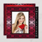 Red Black Damask Foto Sweet 16 Geburtstagsparty Einladung (Vorne/Hinten)