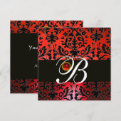 RED BLACK DAMASK MONOGRAM White Ruby Einladung (Vorne/Hinten)