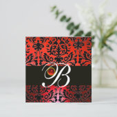 RED BLACK DAMASK MONOGRAM White Ruby Einladung (Stehend Vorderseite)
