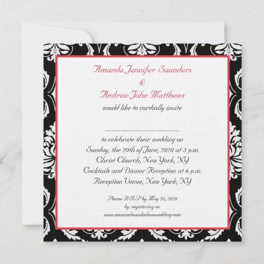 Red Black Damask Names Wedding Einladung (Rückseite)