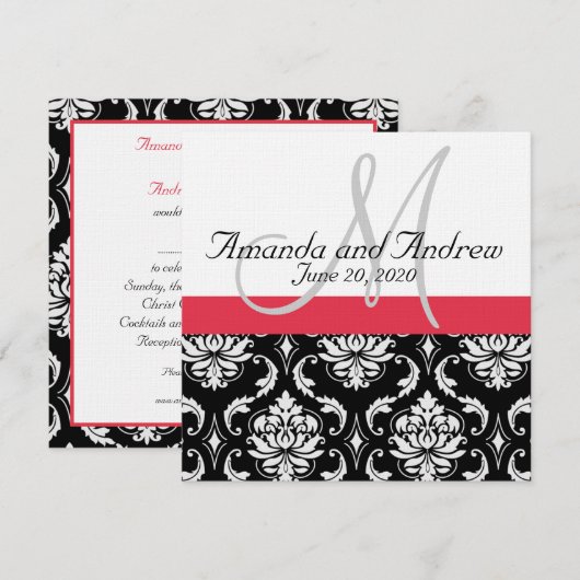 Red Black Damask Names Wedding Einladung (Vorne/Hinten)