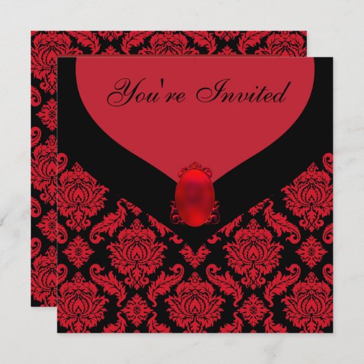 Red Black Damask Party Einladung (Vorne/Hinten)