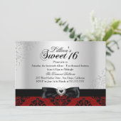 Red Black Damask Sparkle Sweet 16 Einladung (Stehend Vorderseite)