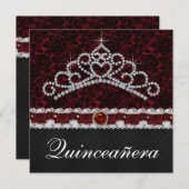 Red Black Damask Tiara Red Black Quinceanera Einladung (Vorne/Hinten)