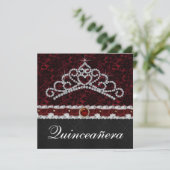 Red Black Damask Tiara Red Black Quinceanera Einladung (Stehend Vorderseite)