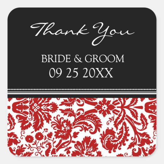 Red Black Damask Vielen Dank Gastgeschenk Hochzeit Quadratischer Aufkleber (Vorderseite)