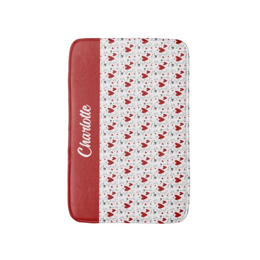 Red Black Doodle Hearts Retro Monogram Name Badematte (Vorderseite Vertikal)