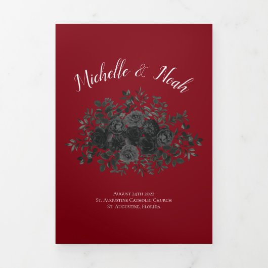 Red Black Elegante Rose Gothic Wedding Dreifach-gefaltete Programmkarte (Cover)