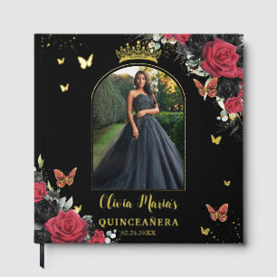 Red Black Floral Butterfells Quinceañera Picture Gästebuch