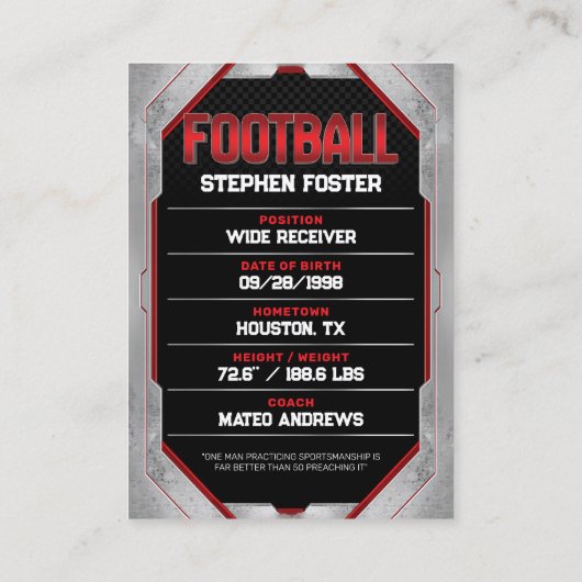 Red & Black Football Trading Card Football Player Telefonnummerkarte (Rückseite)