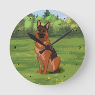 Red & Black German Shepherd GSD Runde Wanduhr