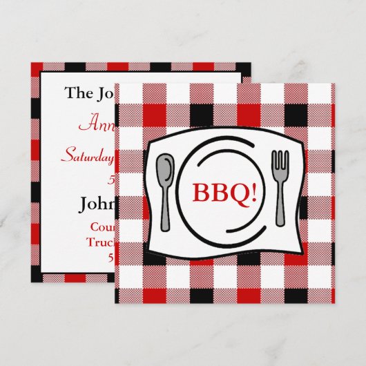 Red Black Gingham Tableclout GRILLEN Einladung (Vorne/Hinten)