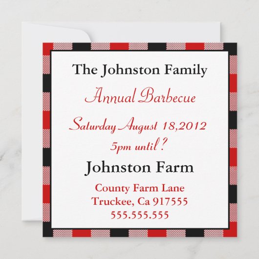 Red Black Gingham Tableclout GRILLEN Einladung (Rückseite)