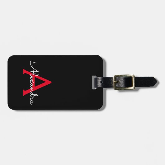 Red Black Girl Script Monogram Name Modern Gepäckanhänger (Vorderseite horizontal)