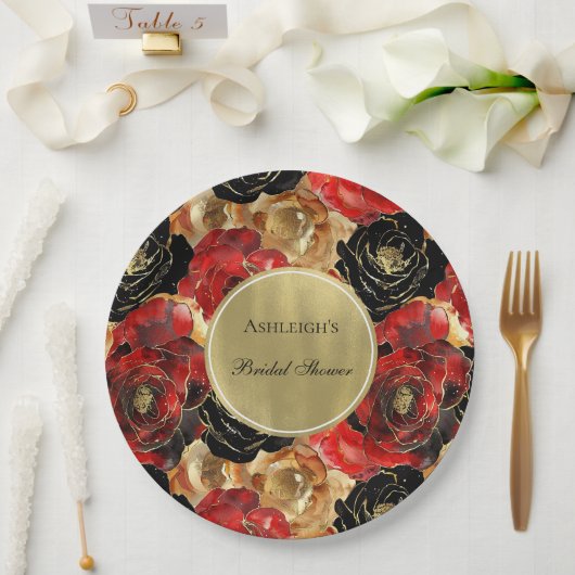 Red Black Glam Floral Brautparty Pappteller (Hochzeit)
