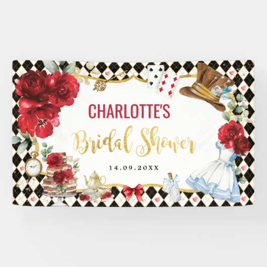 Red Black Gold Alice im Wunderland Brautparty Banner (Horizontal)