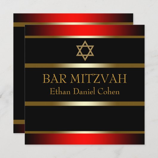 Red Black Gold Bar Mitzvah Einladung (Vorne/Hinten)