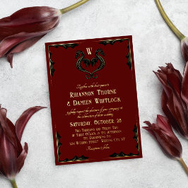 Red Black Gold Dragon Monogram Fantasy Wedding Folieneinladung