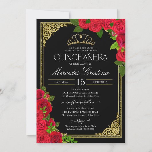 Red Black & Gold Elegante Rose Quinceanera Einladung (Vorderseite)