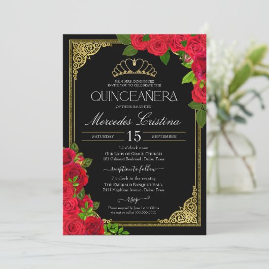 Red Black & Gold Elegante Rose Quinceanera Einladung (Stehend Vorderseite)