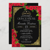 Red Black & Gold Elegante Rose Quinceanera Einladung (Vorne/Hinten)