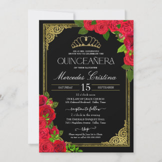 Red Black & Gold Elegante Rose Quinceanera Einladung