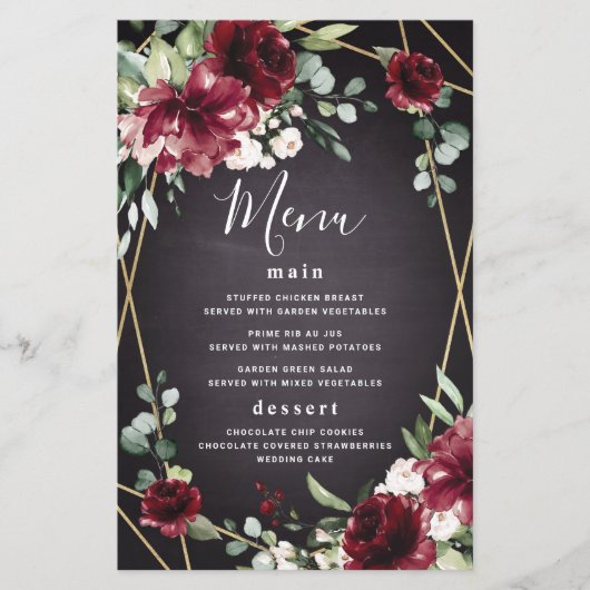 Red Black Gold Floral Elegante Wedding Menu Cards (Vorderseite)
