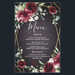 Red Black Gold Floral Elegante Wedding Menu Cards<br><div class="desc">Das Design zeichnet sich durch eine schwarze Chalkboard-Druckstruktur für den Hintergrund aus. Der geometrisch bedruckte,  goldfarbene Rahmen ist in einer einzigartigen,  eleganten Vegetation aus Eukalyptus und anderen Blätter/Zweigelementen gehalten. Das Design besticht durch bordeauxfarbene rote Rose,  Blume aus Pinien und andere blass rosa Blumenelemente.</div>