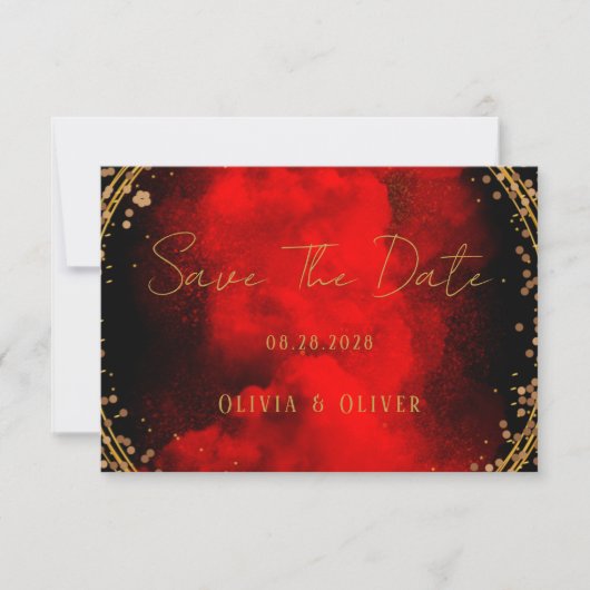 Red Black Gold Geometric Wedding speichert das Dat Save The Date (Vorderseite)