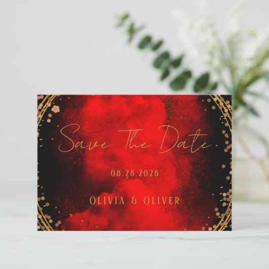 Red Black Gold Geometric Wedding speichert das Dat Save The Date (Stehend Vorderseite)