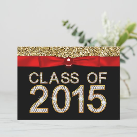Red Black Gold Glitzer Class 2015 Abschluss Einladung (Stehend Vorderseite)