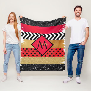 Red Black Gold Glitzer Pinselstriche Mit Monogramm Fleecedecke