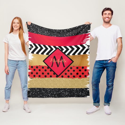 Red Black Gold Glitzer Pinselstriche Mit Monogramm Fleecedecke (Beispiel)