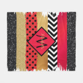 Red Black Gold Glitzer Pinselstriche Mit Monogramm Fleecedecke (Vorderseite (Horizontal))