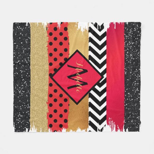 Red Black Gold Glitzer Pinselstriche Mit Monogramm Fleecedecke (Vorderseite (Horizontal))