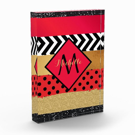 Red Black Gold Glitzer Pinselstriche Mit Monogramm Fotoblock (Links)