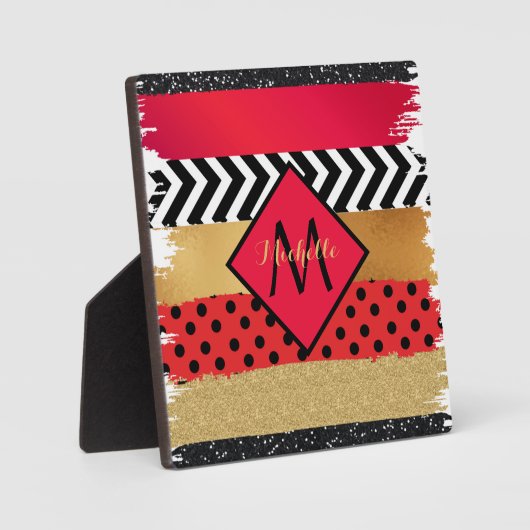 Red Black Gold Glitzer Pinselstriche Mit Monogramm Fotoplatte (Vorderseite)