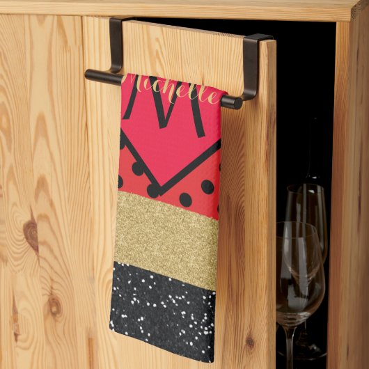 Red Black Gold Glitzer Pinselstriche Mit Monogramm Geschirrtuch (Drittel gefaltet)