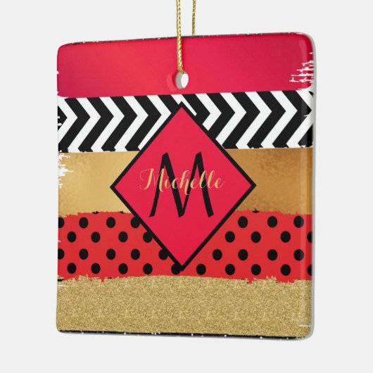 Red Black Gold Glitzer Pinselstriche Mit Monogramm Keramikornament (Links)