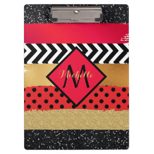 Red Black Gold Glitzer Pinselstriche Mit Monogramm Klemmbrett