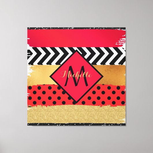 Red Black Gold Glitzer Pinselstriche Mit Monogramm Leinwanddruck (Vorderseite)