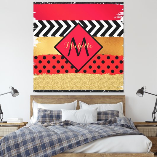 Red Black Gold Glitzer Pinselstriche Mit Monogramm Leinwanddruck (Insitu (Schlafzimmer))