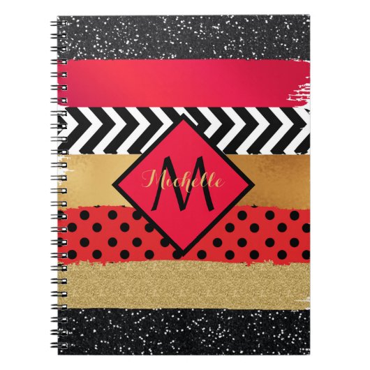 Red Black Gold Glitzer Pinselstriche Mit Monogramm Notizblock (Vorderseite)